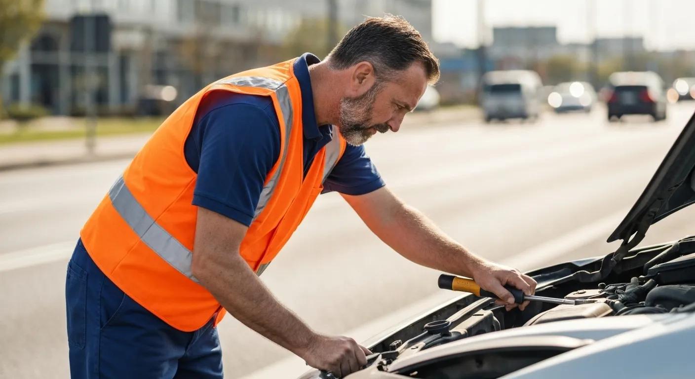 Tow truck operator assessing a vehicle during an emergency towing situation