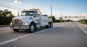 Emergency towing truck rushing to a roadside incident in Hialeah, emphasizing urgent vehicle recovery services