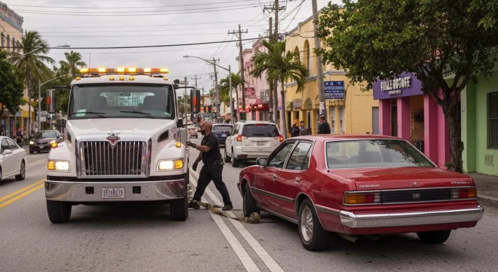 Emergency towing truck assisting a stranded vehicle on a busy Hialeah street