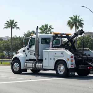 Emergency tow truck assisting a vehicle on a Hialeah street, showcasing local towing services