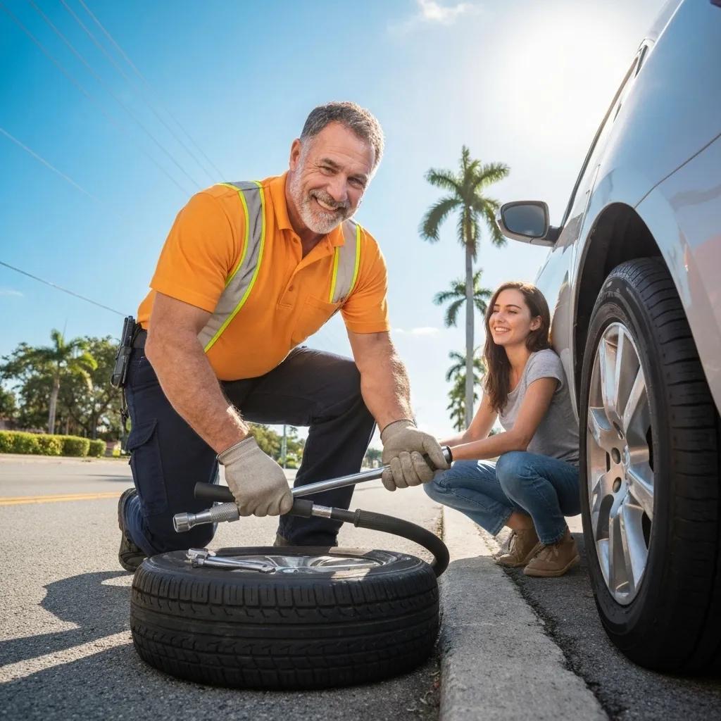 Roadside assistance technician helping a driver with a flat tire