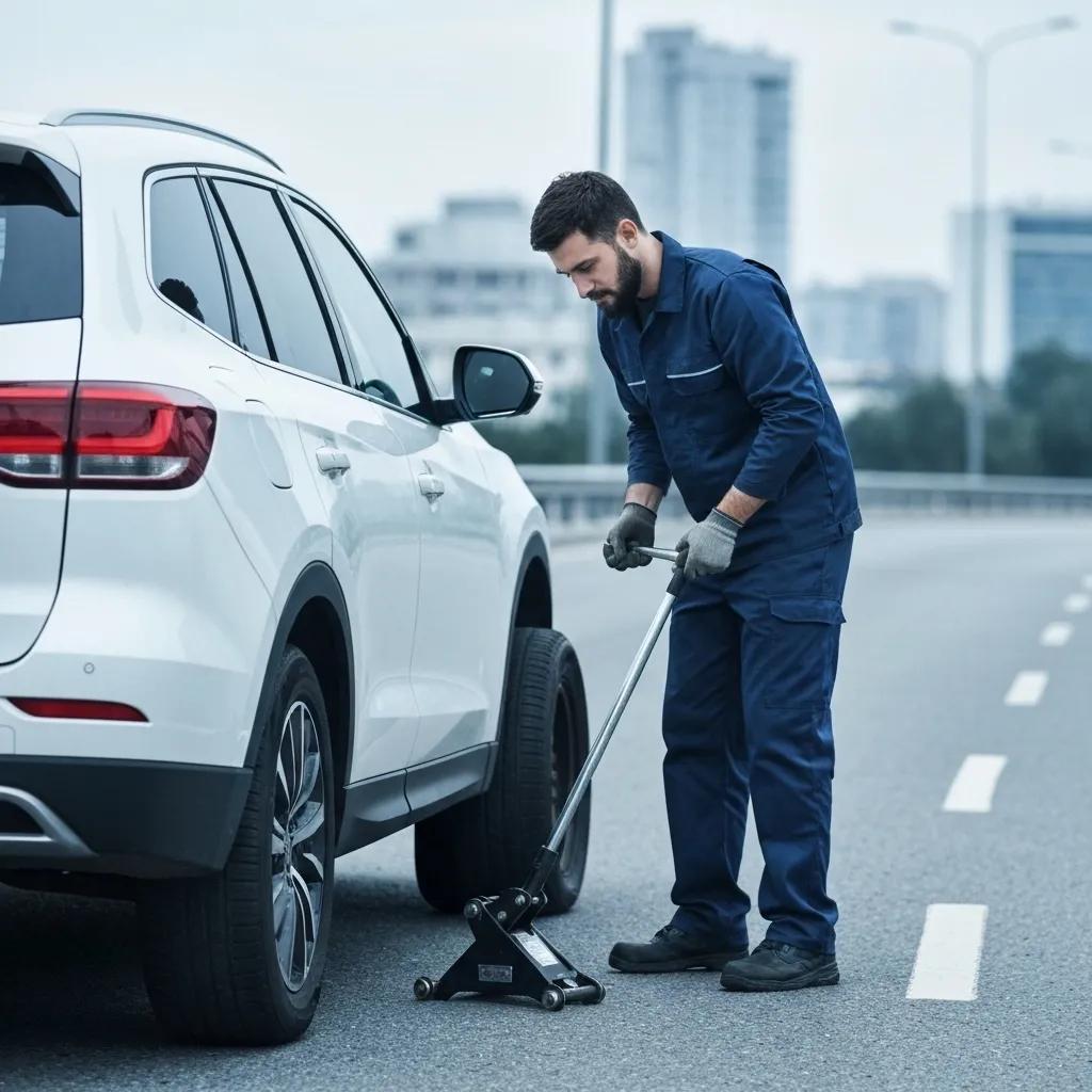 Technician changing a flat tire on a vehicle during roadside assistance in Hialeah