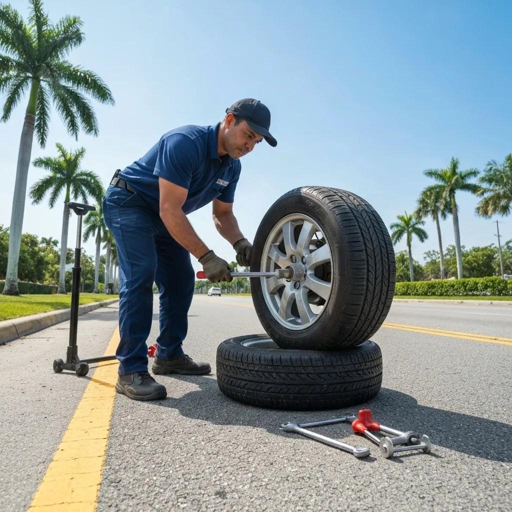 Technician changing a tire on the side of the road, highlighting essential roadside assistance services available in Hialeah
