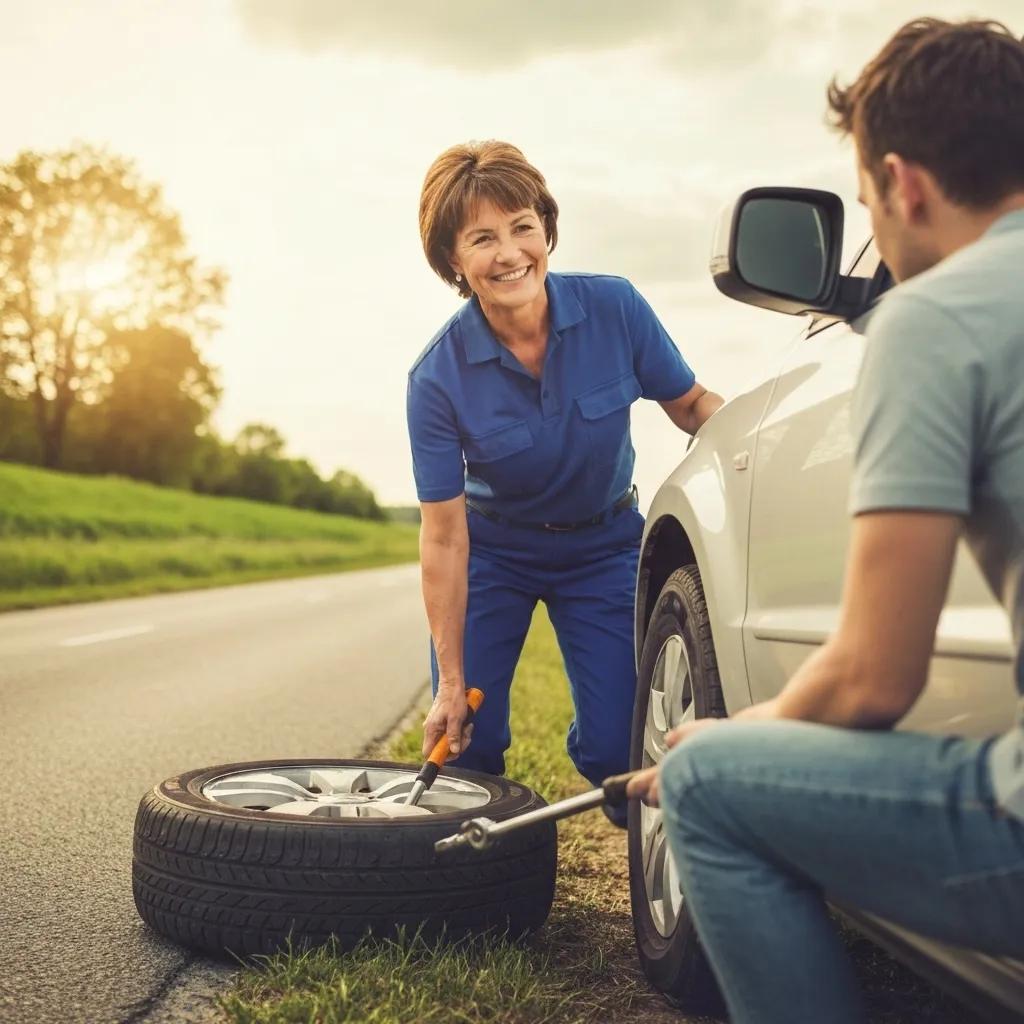 A technician changing a flat tire for a stranded motorist as part of roadside assistance