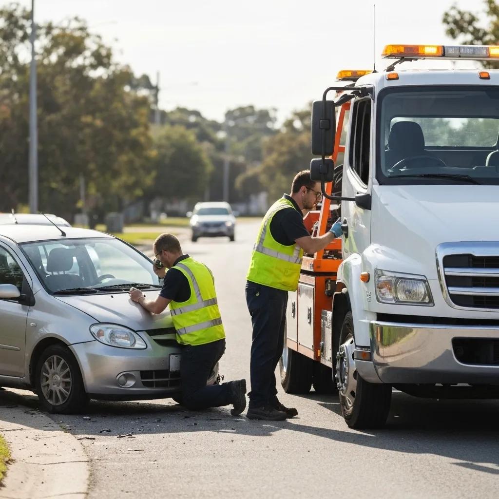 Tow truck and technicians managing an accident recovery scene in Hialeah