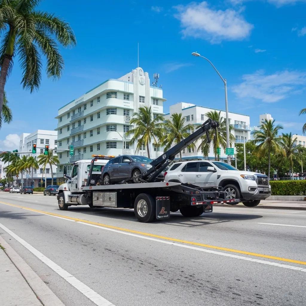 Tow truck assisting a vehicle on a busy Hialeah street