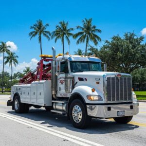 Tow truck on a busy Hialeah street representing reliable 24/7 emergency towing services